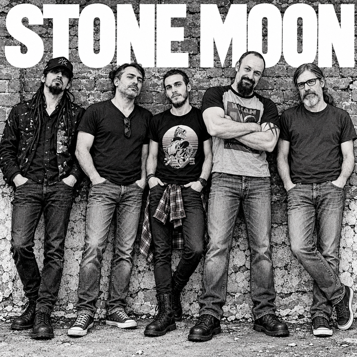 Os cinco integrantes da Stone Moon diante de uma parede de pedra