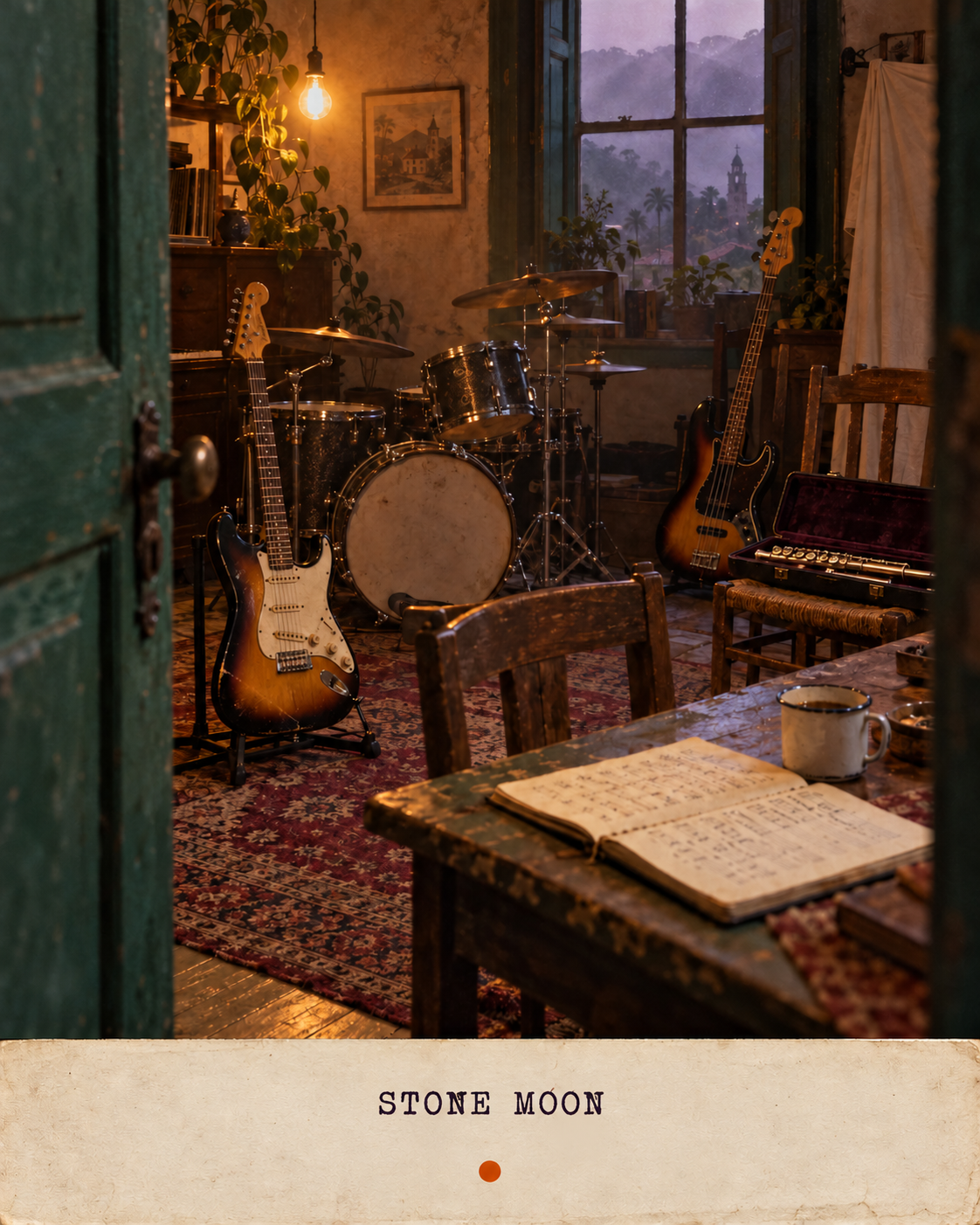 Cena artística de uma sala de ensaio com instrumentos e a serra pela janela