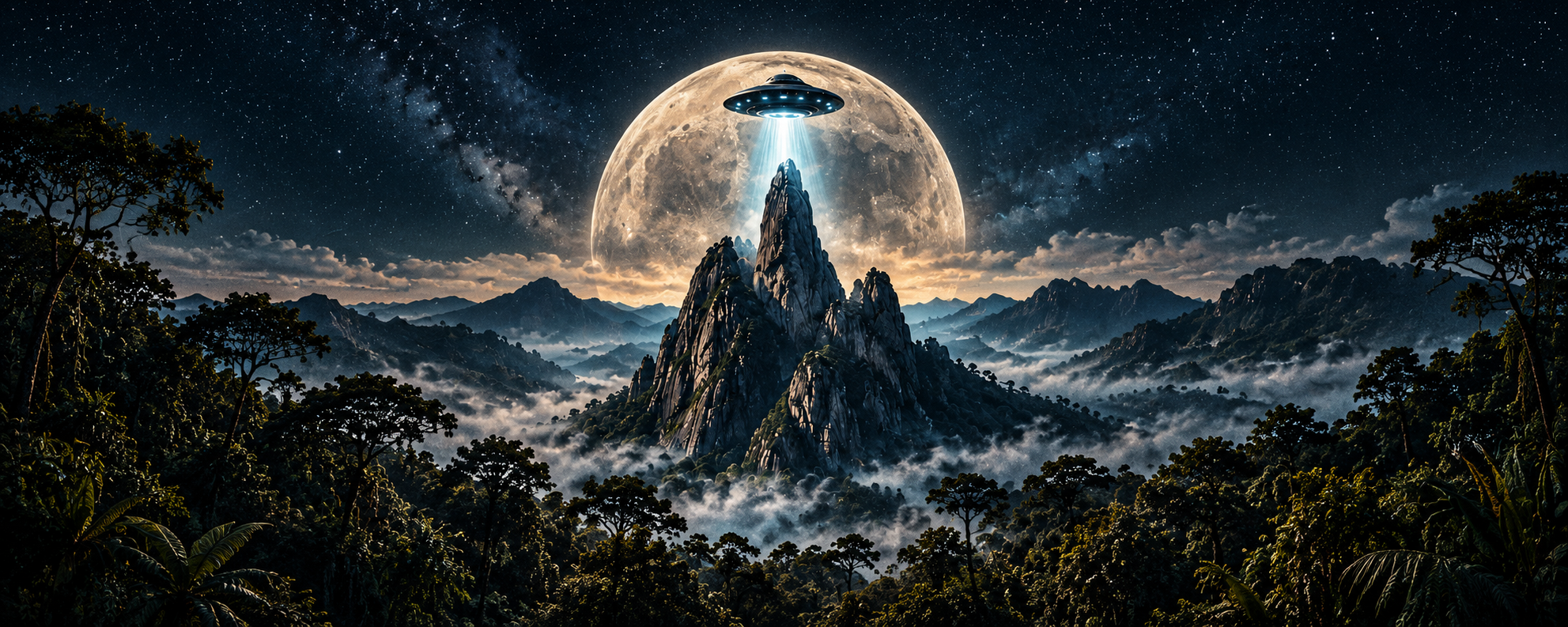 Arte noturna da Stone Moon: pedra, lua, neblina e um disco voador sobre a serra
